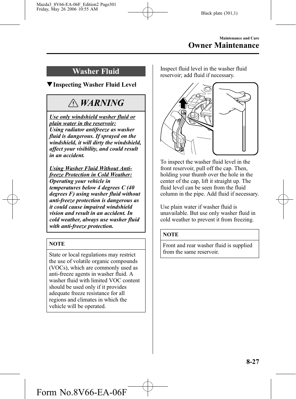 Washer fluid, Washer fluid -27, Warning | Owner maintenance | Mazda 2007 3 4-DOOR User Manual | Page 302 / 459