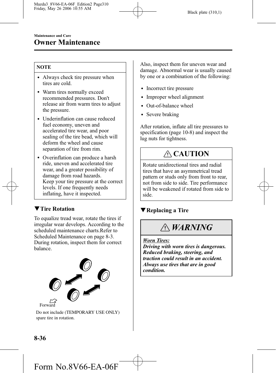 Warning, Caution, Owner maintenance | Mazda 2007 3 4-DOOR User Manual | Page 311 / 459