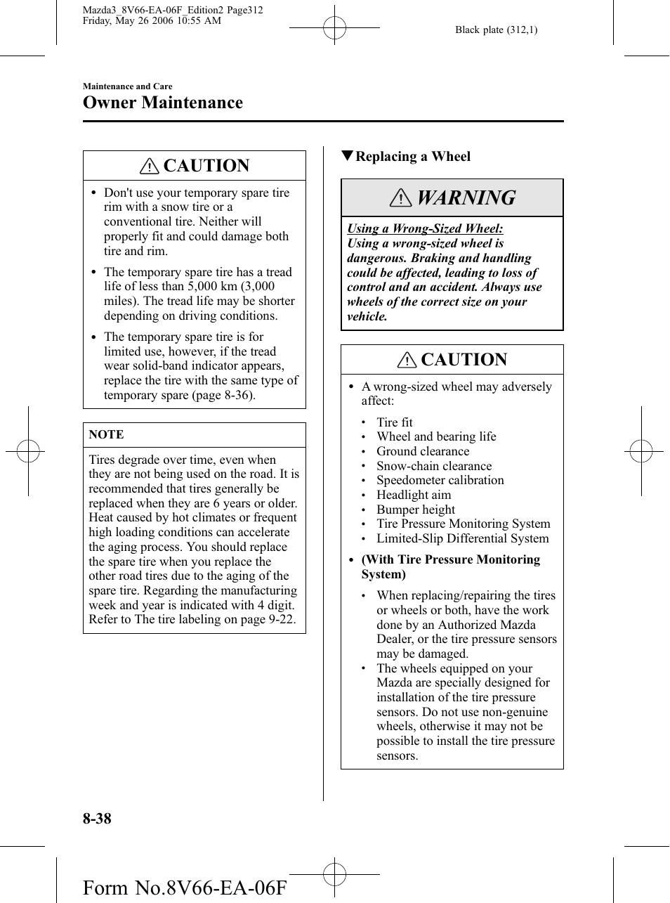 Warning, Caution, Owner maintenance | Qreplacing a wheel | Mazda 2007 3 4-DOOR User Manual | Page 313 / 459