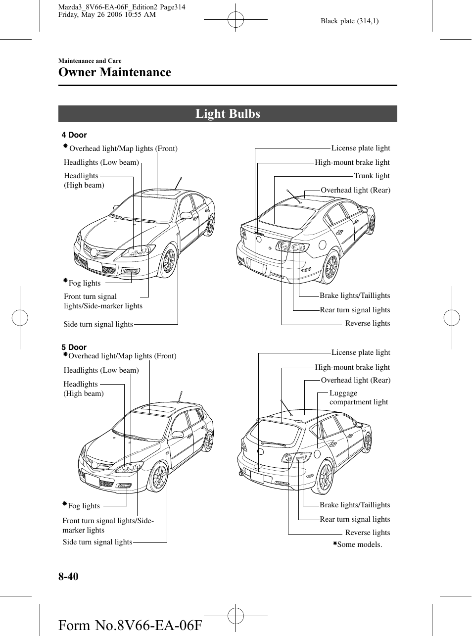 Light bulbs, Light bulbs -40, Owner maintenance | Mazda 2007 3 4-DOOR User Manual | Page 315 / 459