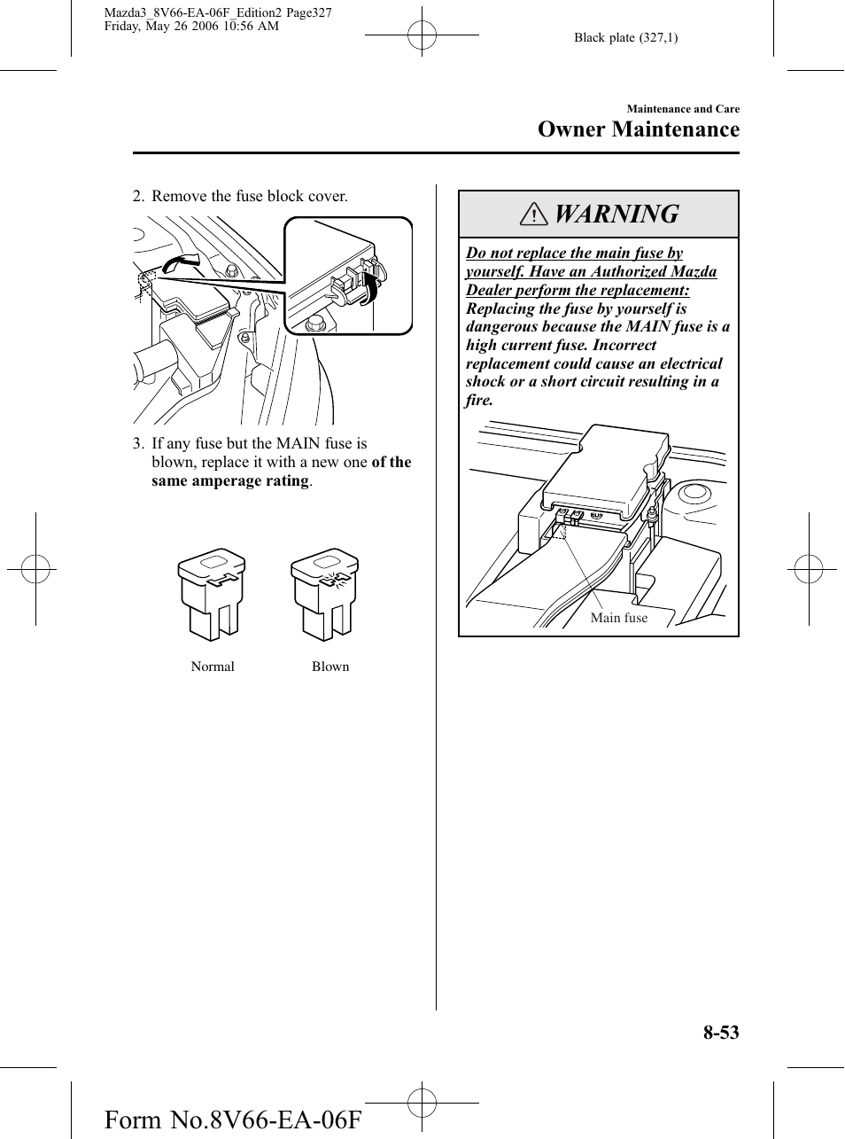 Warning, Owner maintenance | Mazda 2007 3 4-DOOR User Manual | Page 328 / 459