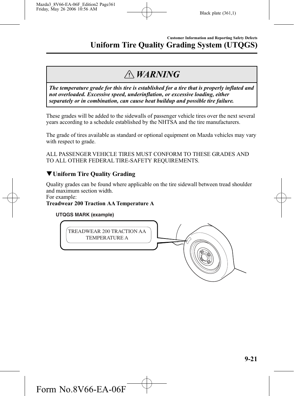 Warning, Uniform tire quality grading system (utqgs) | Mazda 2007 3 4-DOOR User Manual | Page 362 / 459