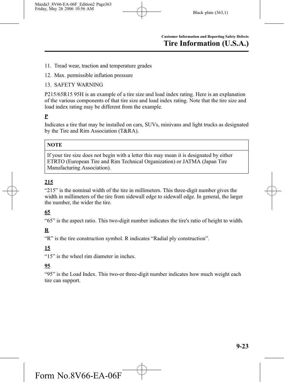 Tire information (u.s.a.) | Mazda 2007 3 4-DOOR User Manual | Page 364 / 459