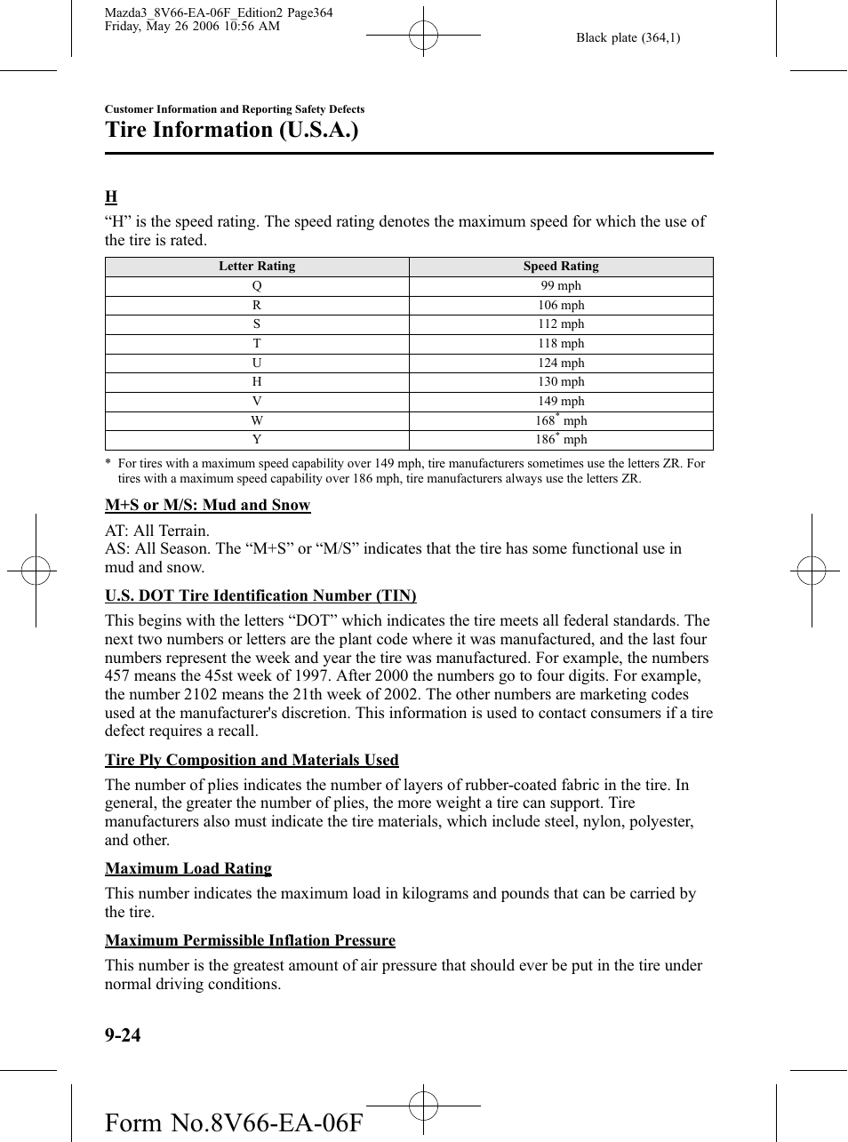 Tire information (u.s.a.) | Mazda 2007 3 4-DOOR User Manual | Page 365 / 459