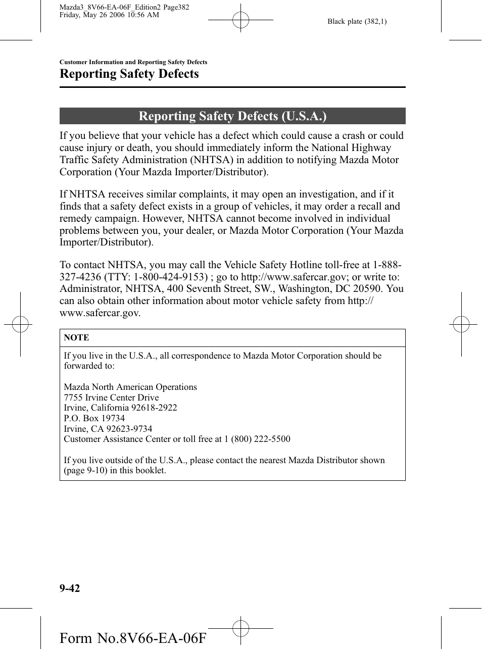 Reporting safety defects, Reporting safety defects (u.s.a.), Reporting safety defects -42 | Reporting safety defects (u.s.a.) -42 | Mazda 2007 3 4-DOOR User Manual | Page 383 / 459