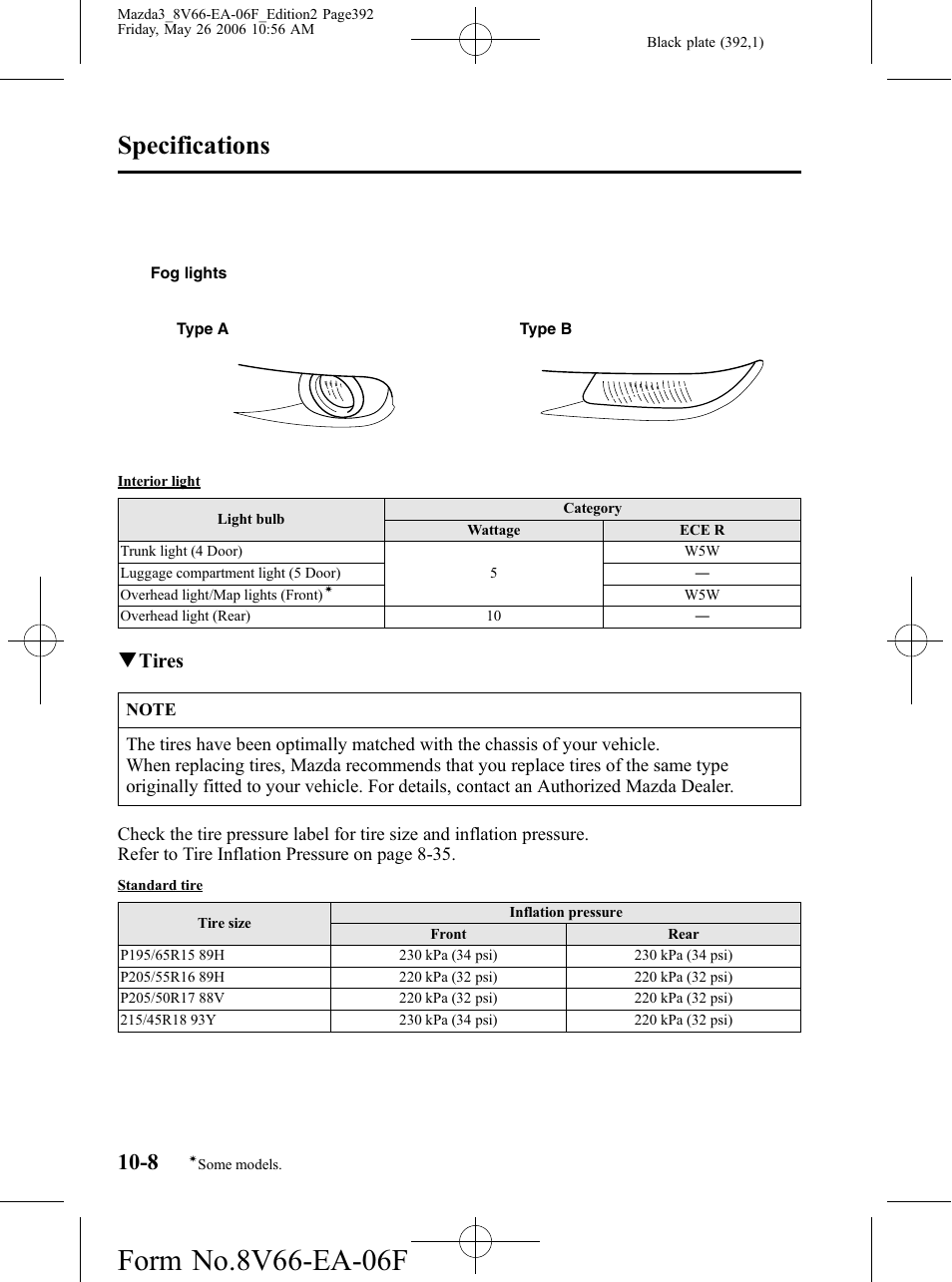 Specifications, Qtires | Mazda 2007 3 4-DOOR User Manual | Page 393 / 459