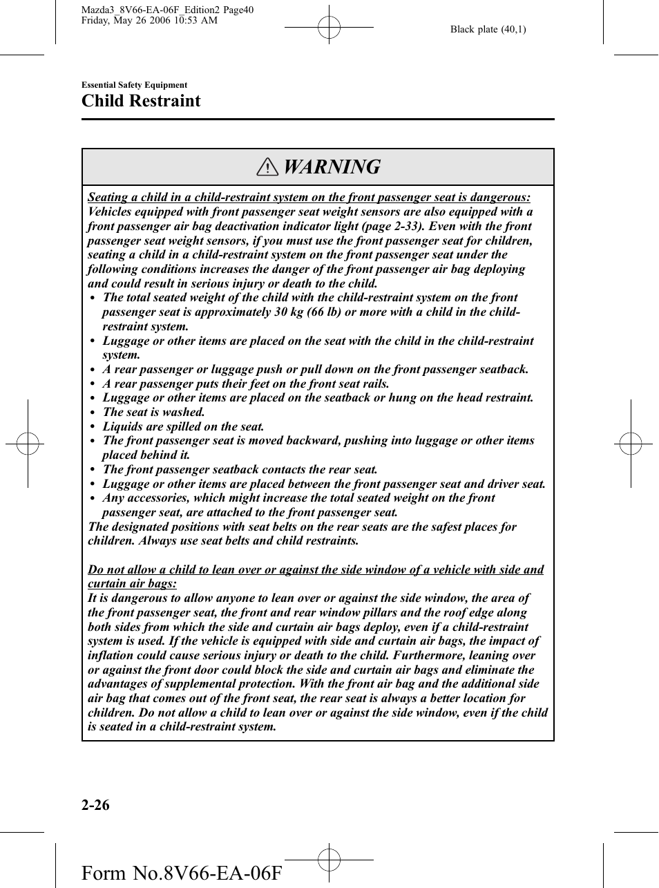 Warning, Child restraint | Mazda 2007 3 4-DOOR User Manual | Page 41 / 459