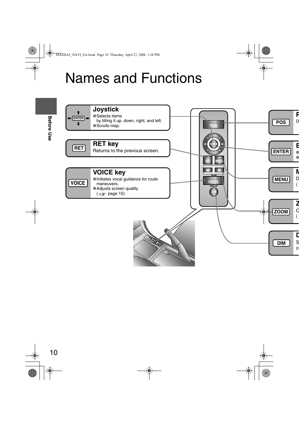 Names and functions, Ret key, Voice key | Joystick | Mazda 2007 3 4-DOOR User Manual | Page 413 / 459