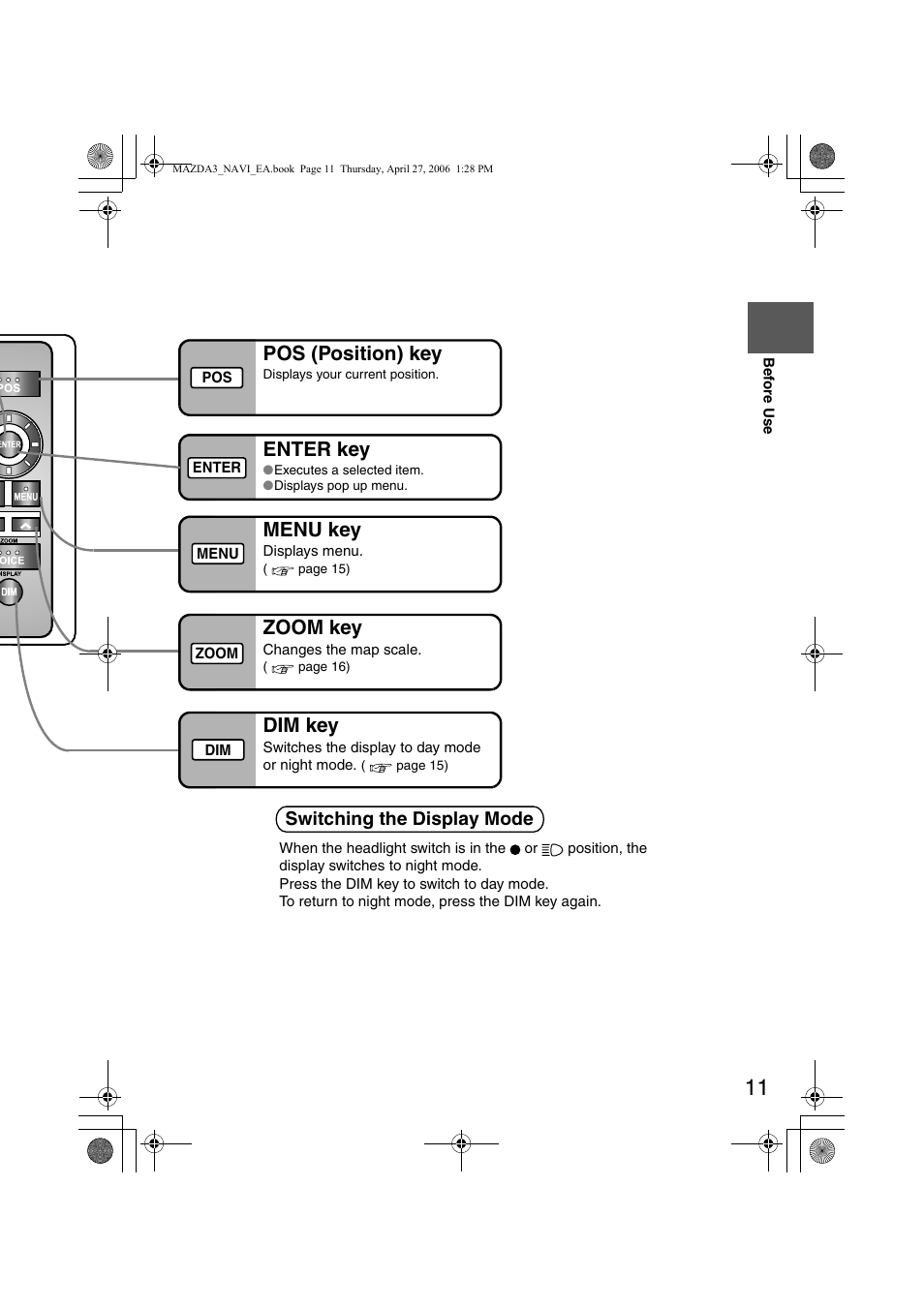 Zoom key, Pos (position) key, Enter key | Menu key, Dim key, Switching the display mode | Mazda 2007 3 4-DOOR User Manual | Page 414 / 459