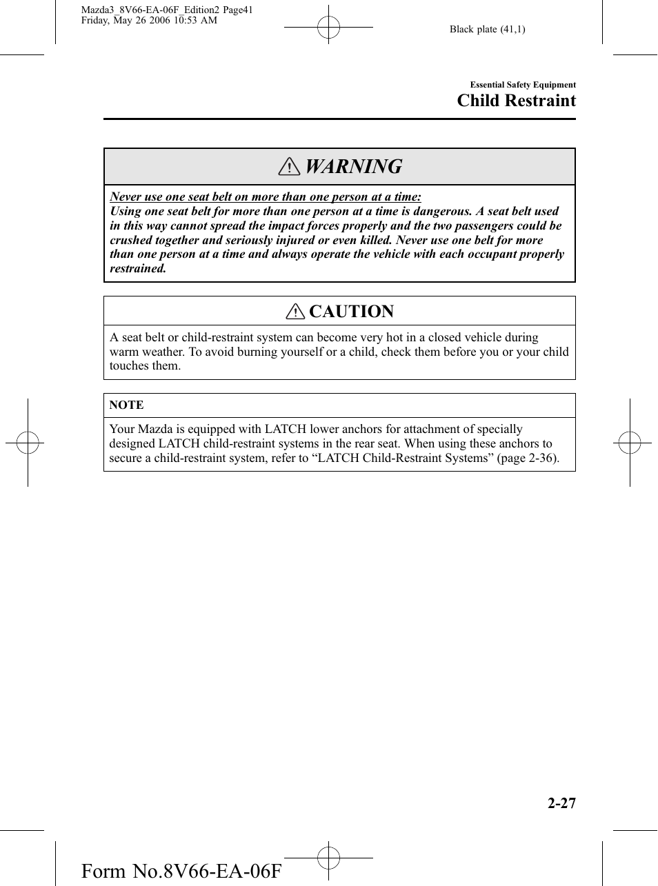 Warning, Caution, Child restraint | Mazda 2007 3 4-DOOR User Manual | Page 42 / 459