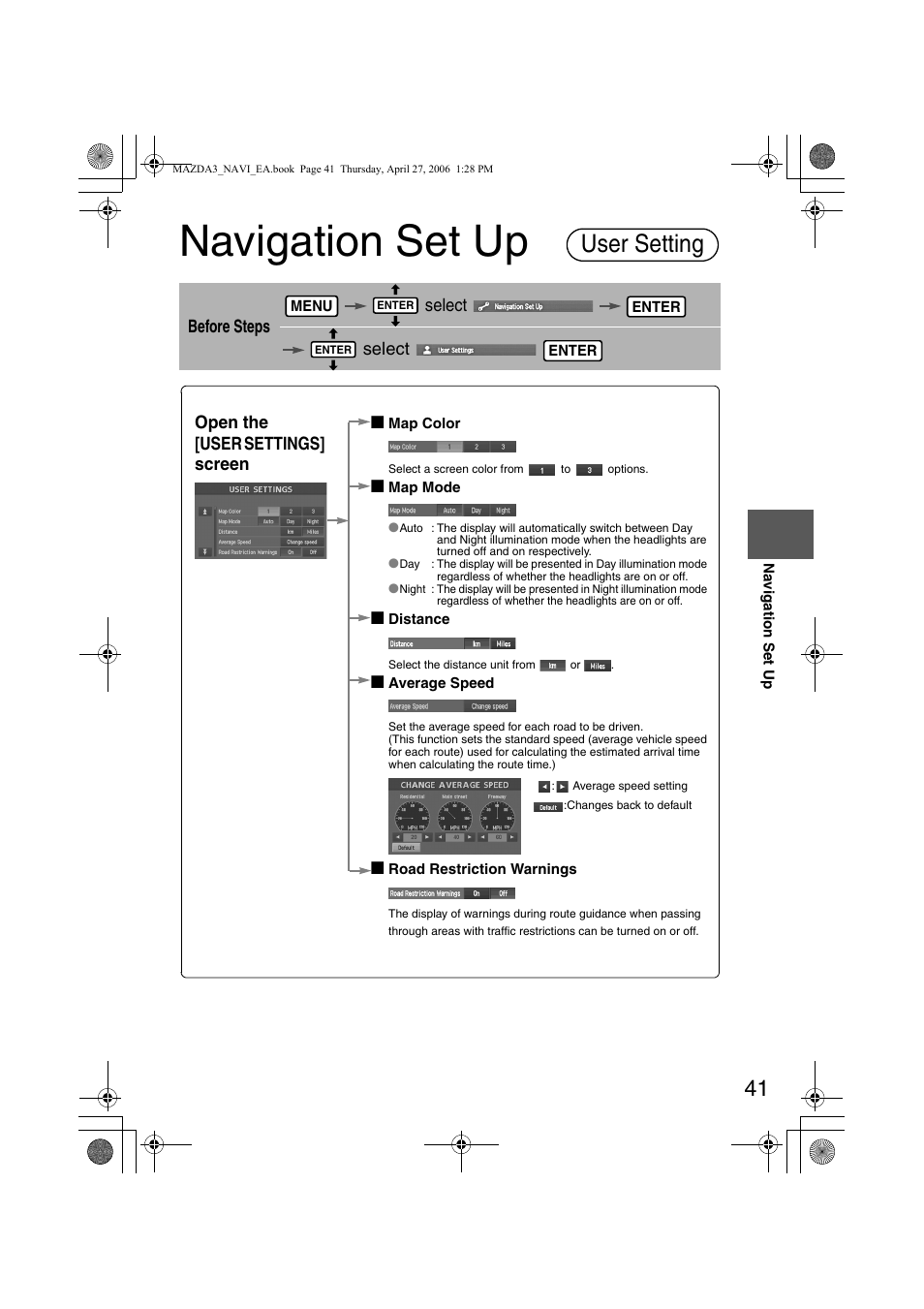 Navigation set up, User setting, Before steps select select | Open the [user settings] screen n | Mazda 2007 3 4-DOOR User Manual | Page 444 / 459