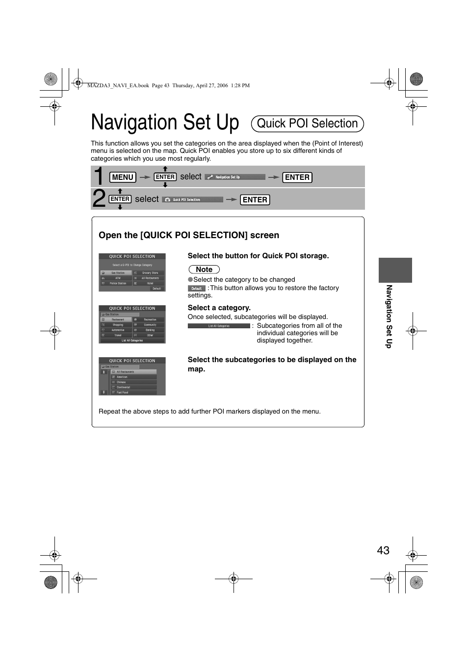 Navigation set up, Quick poi selection | Mazda 2007 3 4-DOOR User Manual | Page 446 / 459