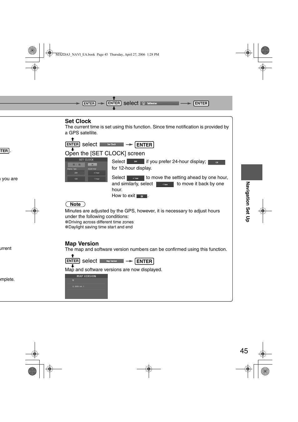 Select, Set clock, Select open the [set clock] screen | Map version | Mazda 2007 3 4-DOOR User Manual | Page 448 / 459