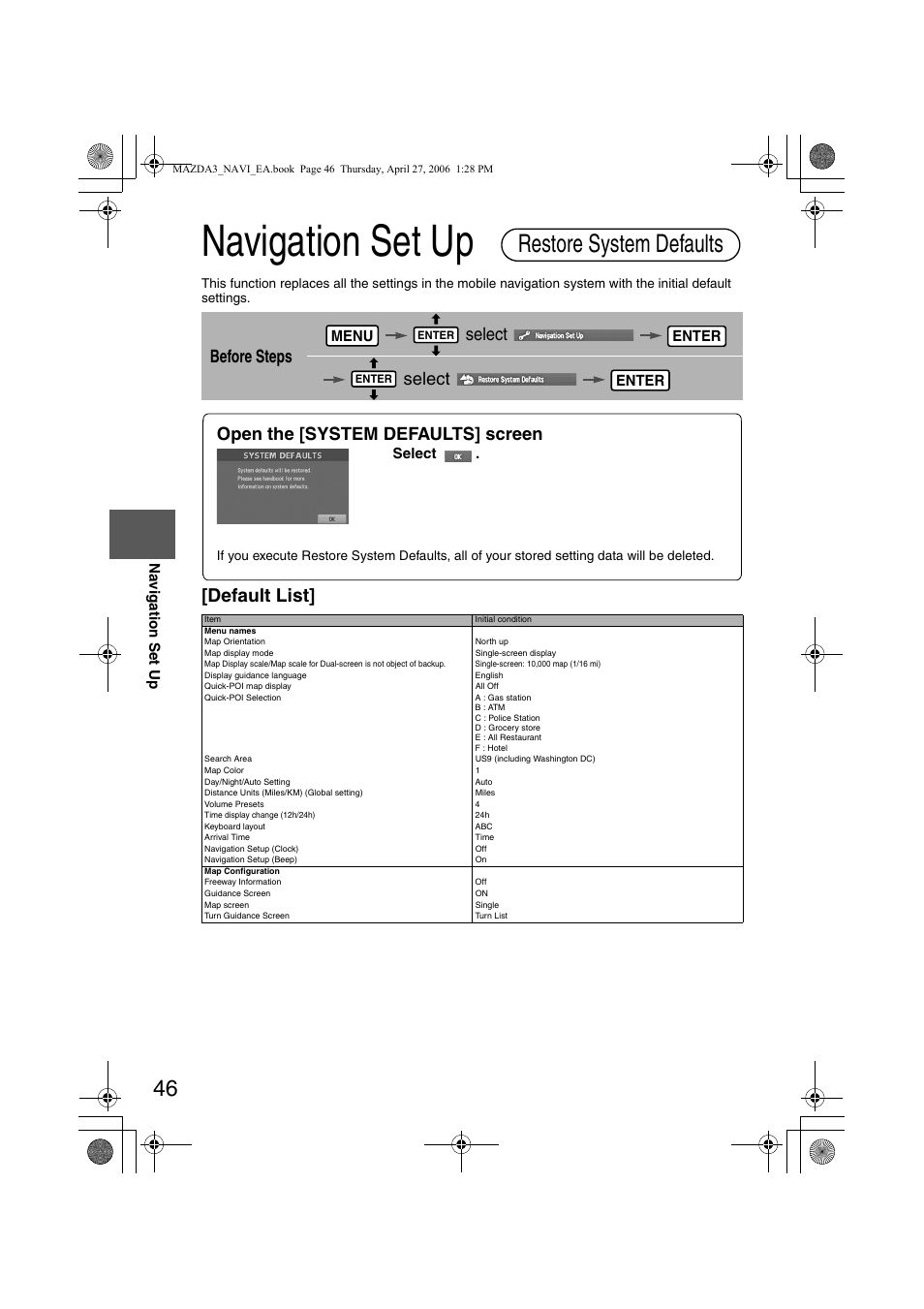 Navigation set up, Restore system defaults, Default list | Before steps select select, Open the [system defaults] screen, Menu, Enter, Na vigation set up, Select | Mazda 2007 3 4-DOOR User Manual | Page 449 / 459