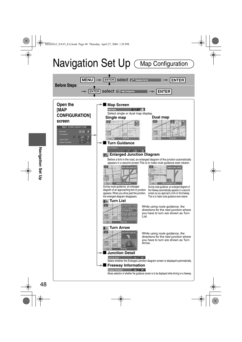 Navigation set up, Map configuration, Before steps select select | Open the [map configuration] screen n | Mazda 2007 3 4-DOOR User Manual | Page 451 / 459