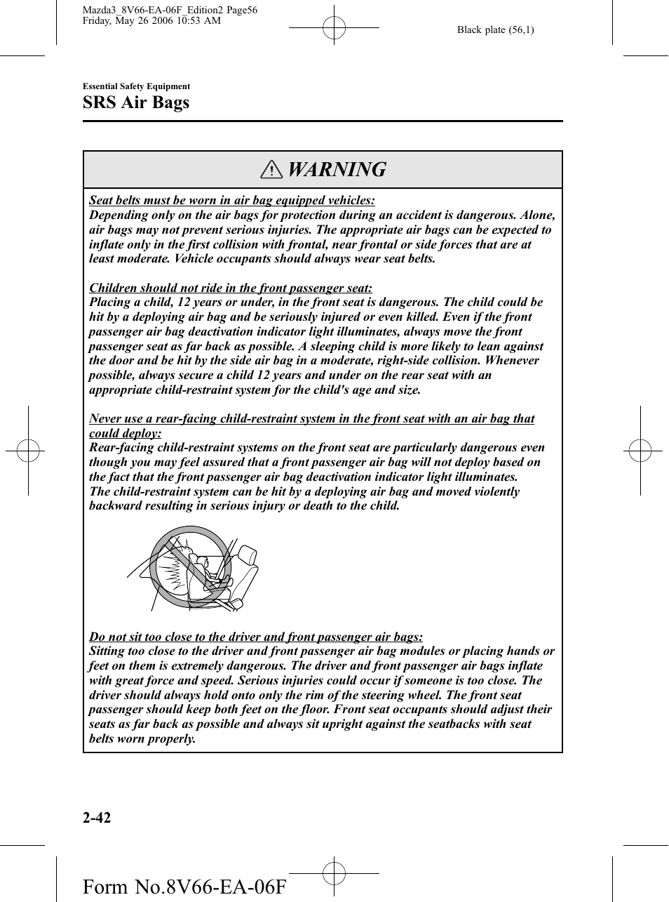 Warning, Srs air bags | Mazda 2007 3 4-DOOR User Manual | Page 57 / 459