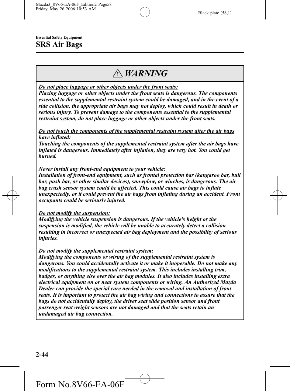 Warning, Srs air bags | Mazda 2007 3 4-DOOR User Manual | Page 59 / 459