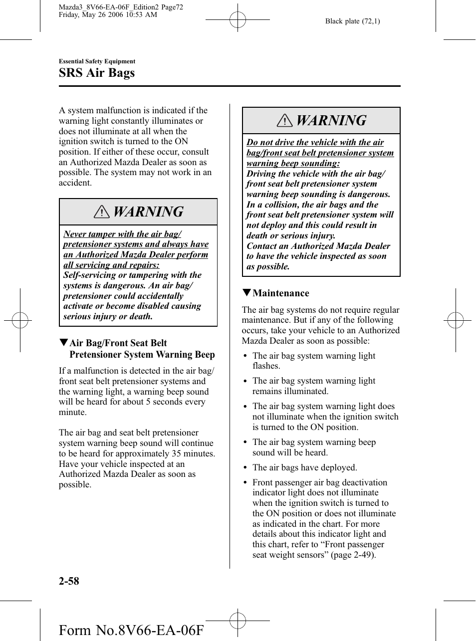 Warning, Srs air bags | Mazda 2007 3 4-DOOR User Manual | Page 73 / 459