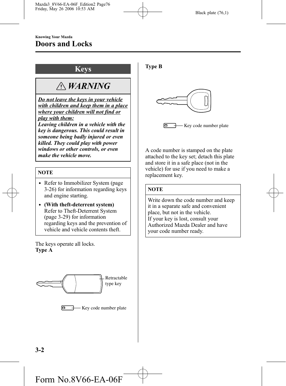 Doors and locks, Keys, Doors and locks -2 | Keys -2, Warning | Mazda 2007 3 4-DOOR User Manual | Page 77 / 459