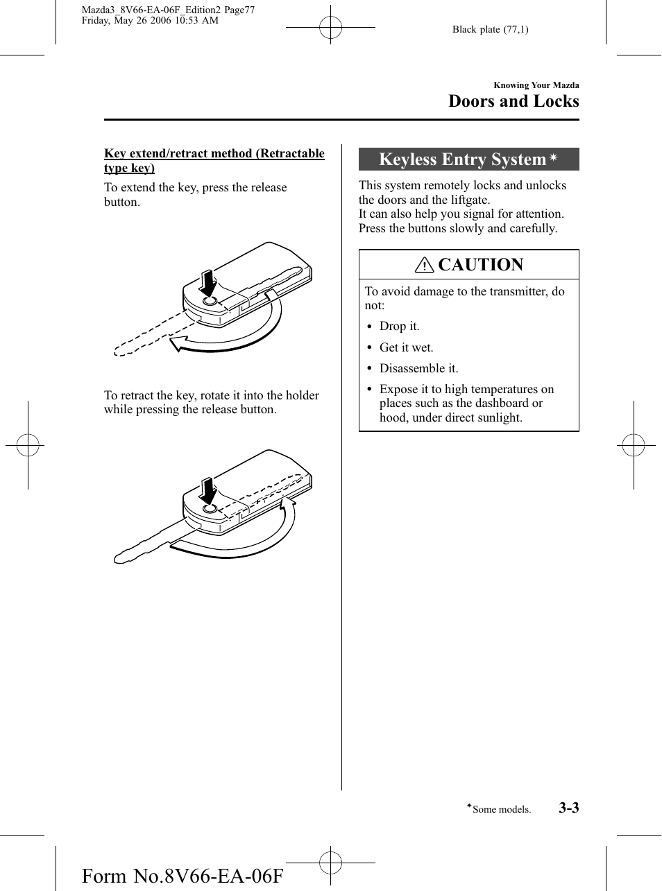 Keyless entry system, Caution, Doors and locks | Mazda 2007 3 4-DOOR User Manual | Page 78 / 459