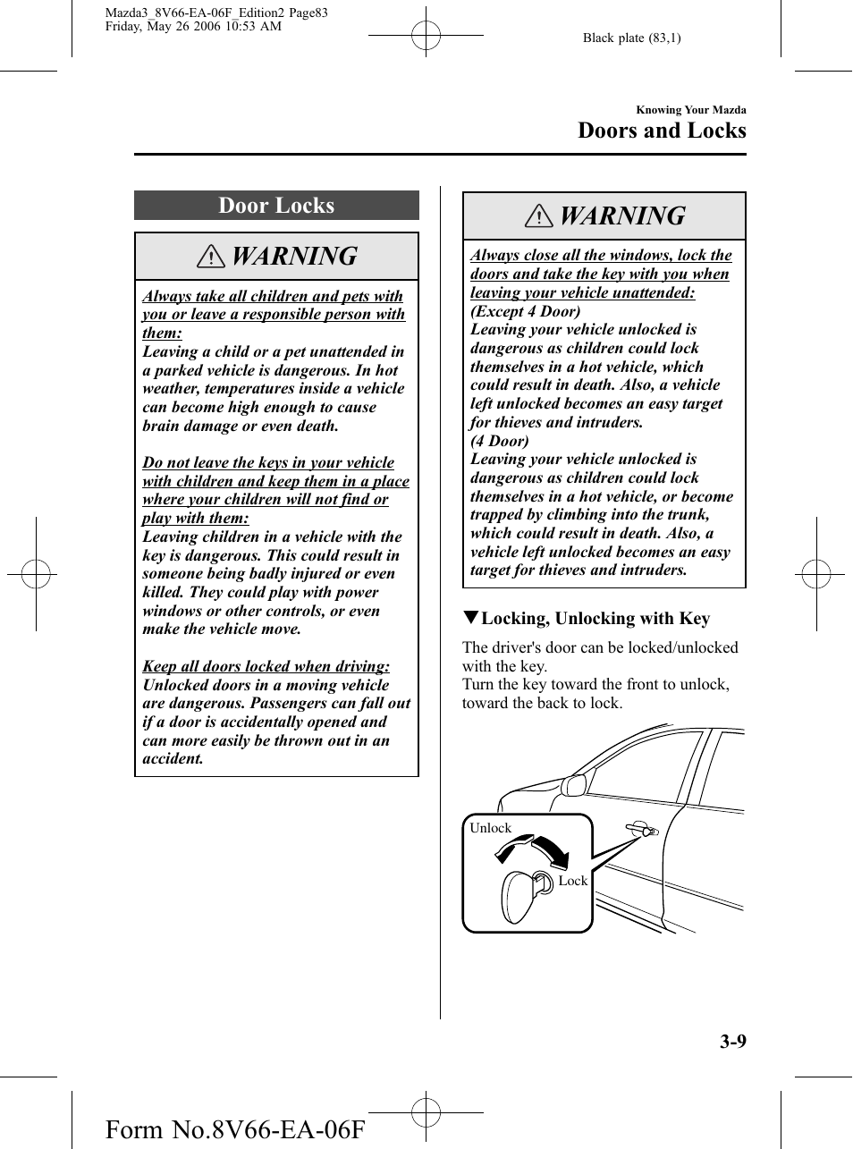 Door locks, Door locks -9, Warning | Doors and locks | Mazda 2007 3 4-DOOR User Manual | Page 84 / 459