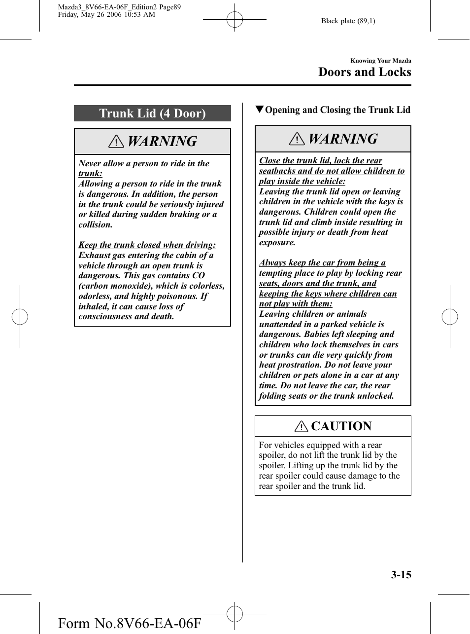 Trunk lid (4 door), Trunk lid (4 door) -15, Warning | Caution, Doors and locks | Mazda 2007 3 4-DOOR User Manual | Page 90 / 459