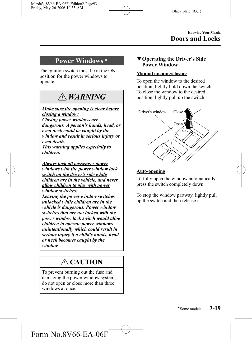 Power windows, Warning, Caution | Doors and locks | Mazda 2007 3 4-DOOR User Manual | Page 94 / 459