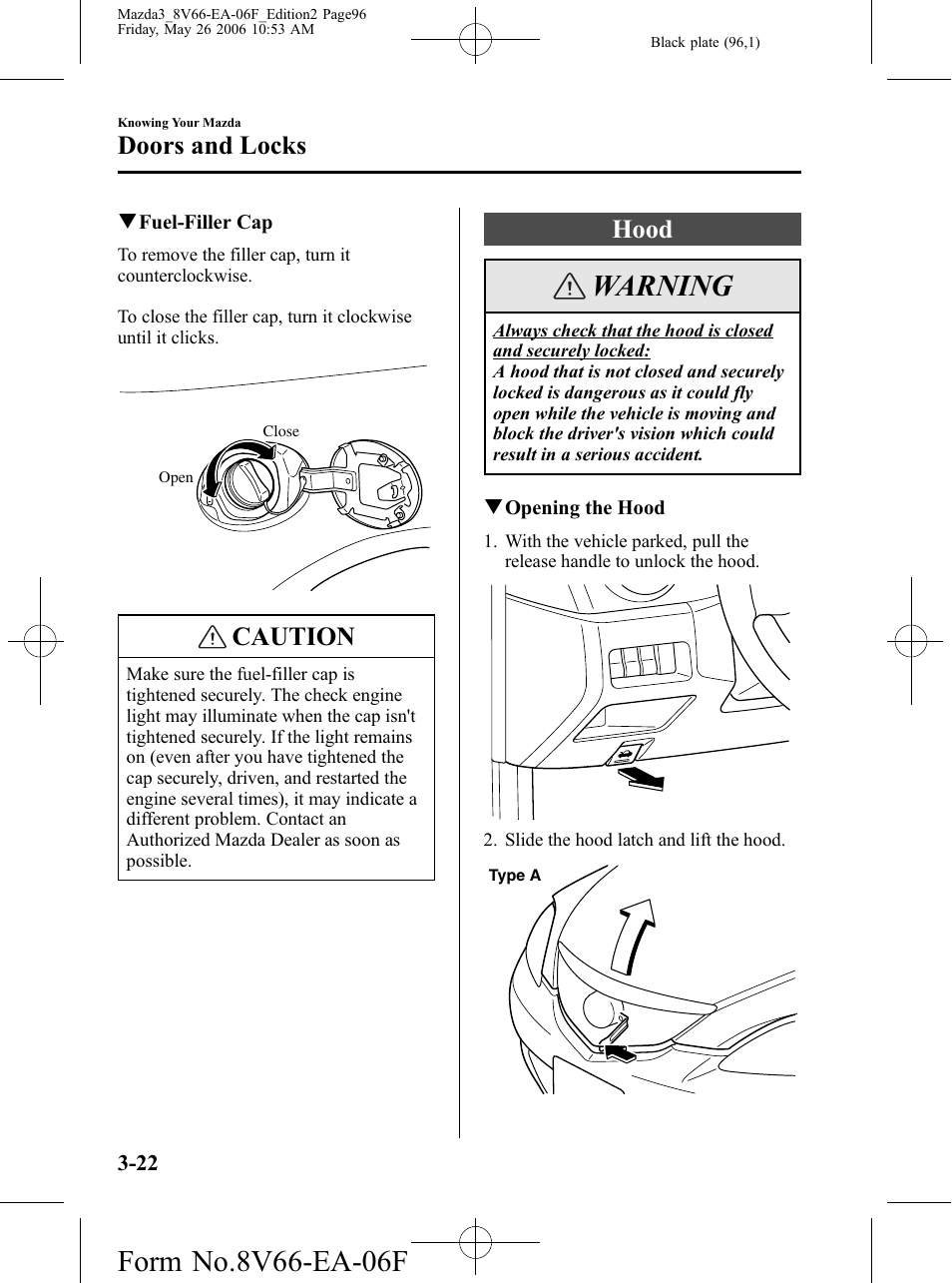 Hood, Hood -22, Warning | Caution, Doors and locks | Mazda 2007 3 4-DOOR User Manual | Page 97 / 459