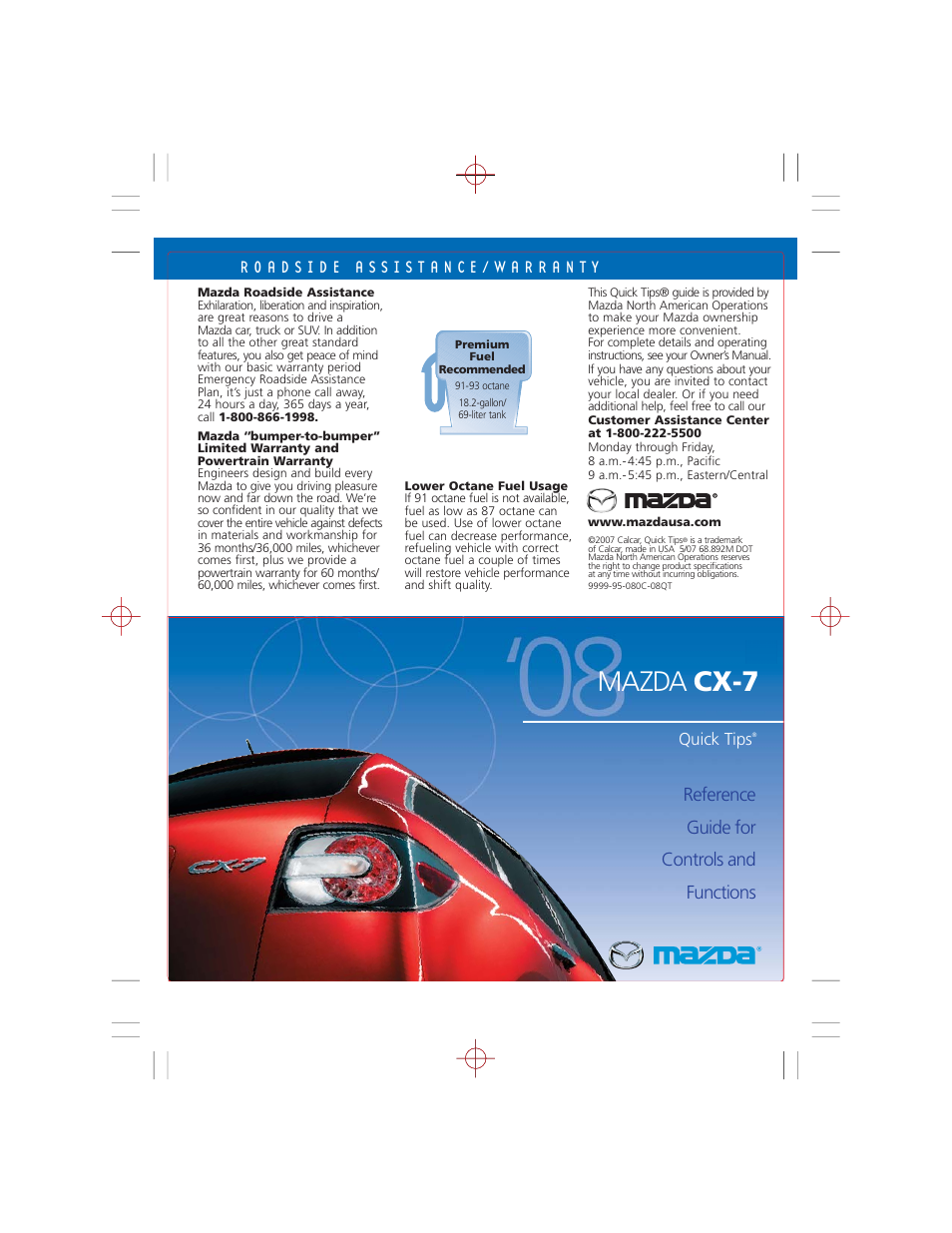 Mazda cx-7, Reference guide for controls and functions, Quick tips | Mazda CX-7 User Manual | Page 15 / 15