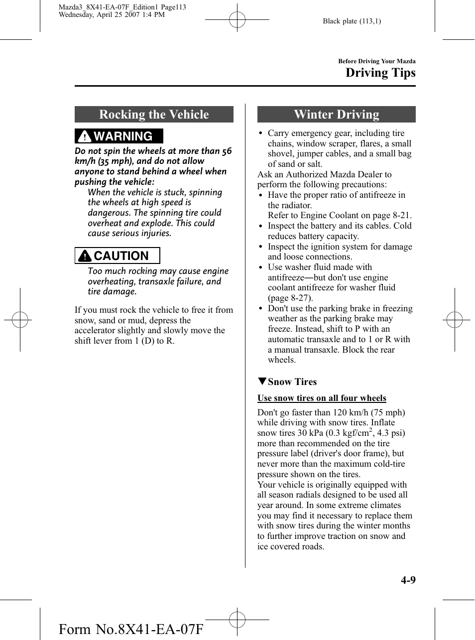 Rocking the vehicle, Winter driving, Rocking the vehicle -9 winter driving -9 | Driving tips, Warning, Caution | Mazda 2008 SPEED3 User Manual | Page 113 / 394
