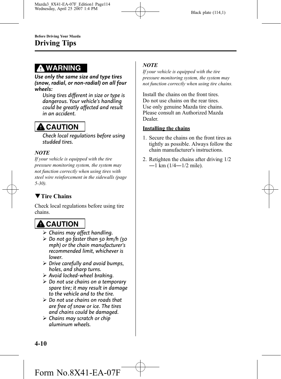 Driving tips, Warning, Caution | Mazda 2008 SPEED3 User Manual | Page 114 / 394