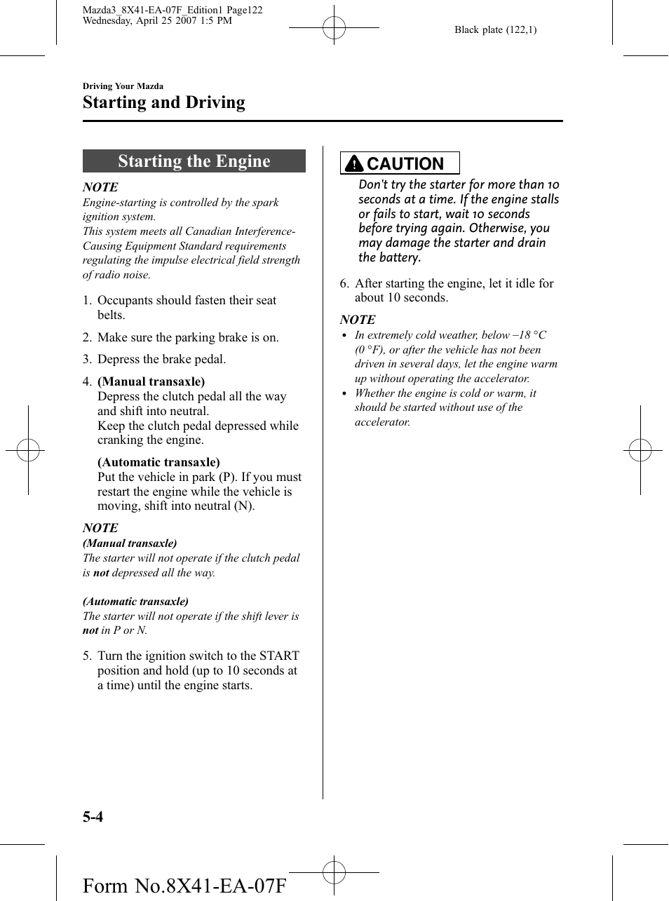 Starting the engine, Starting the engine -4, Starting and driving | Caution | Mazda 2008 SPEED3 User Manual | Page 122 / 394
