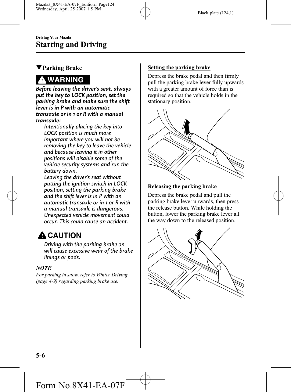 Starting and driving, Warning, Caution | Mazda 2008 SPEED3 User Manual | Page 124 / 394