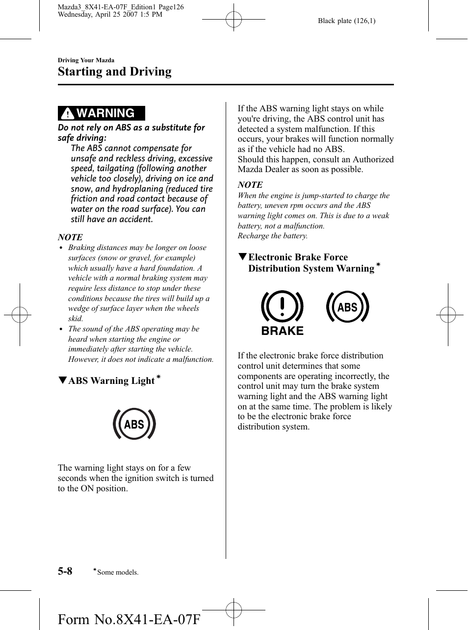 Starting and driving, Warning | Mazda 2008 SPEED3 User Manual | Page 126 / 394