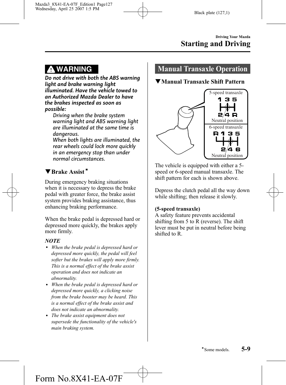 Manual transaxle operation, Manual transaxle operation -9, Starting and driving | Warning | Mazda 2008 SPEED3 User Manual | Page 127 / 394