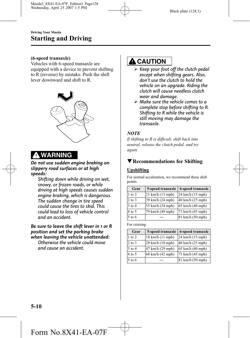 Starting and driving, Warning, Caution | Qrecommendations for shifting | Mazda 2008 SPEED3 User Manual | Page 128 / 394