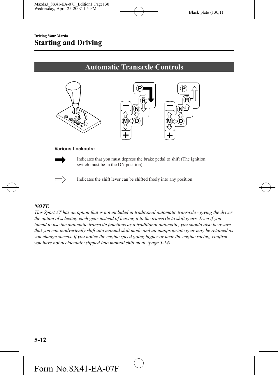 Automatic transaxle controls, Automatic transaxle controls -12, Starting and driving | Mazda 2008 SPEED3 User Manual | Page 130 / 394
