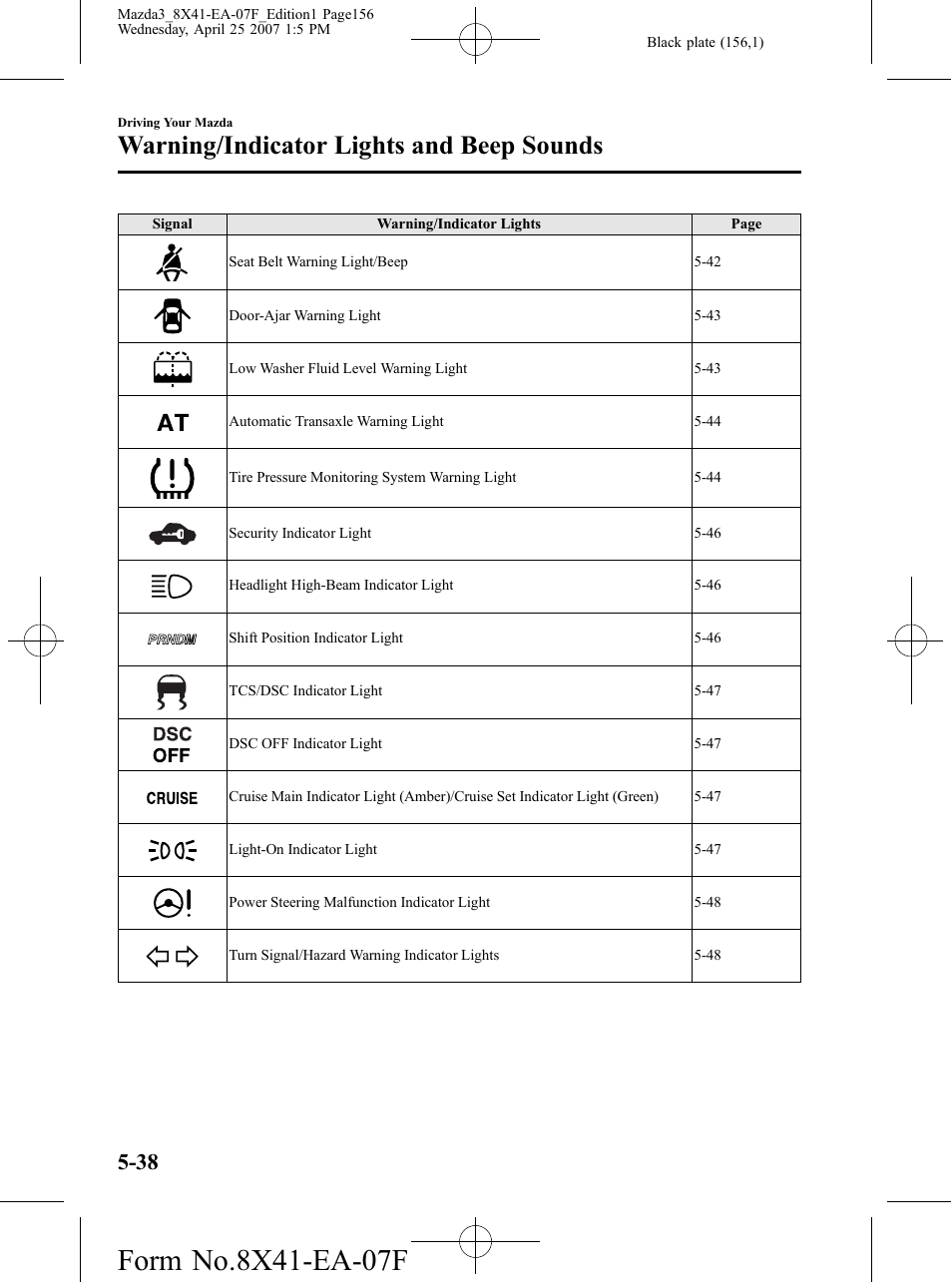 Warning/indicator lights and beep sounds | Mazda 2008 SPEED3 User Manual | Page 156 / 394