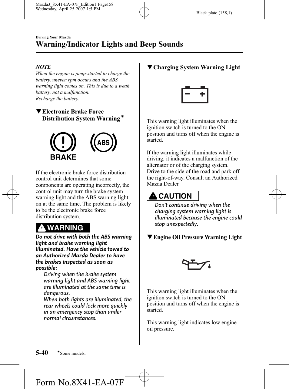 Warning/indicator lights and beep sounds, Warning, Caution | Mazda 2008 SPEED3 User Manual | Page 158 / 394