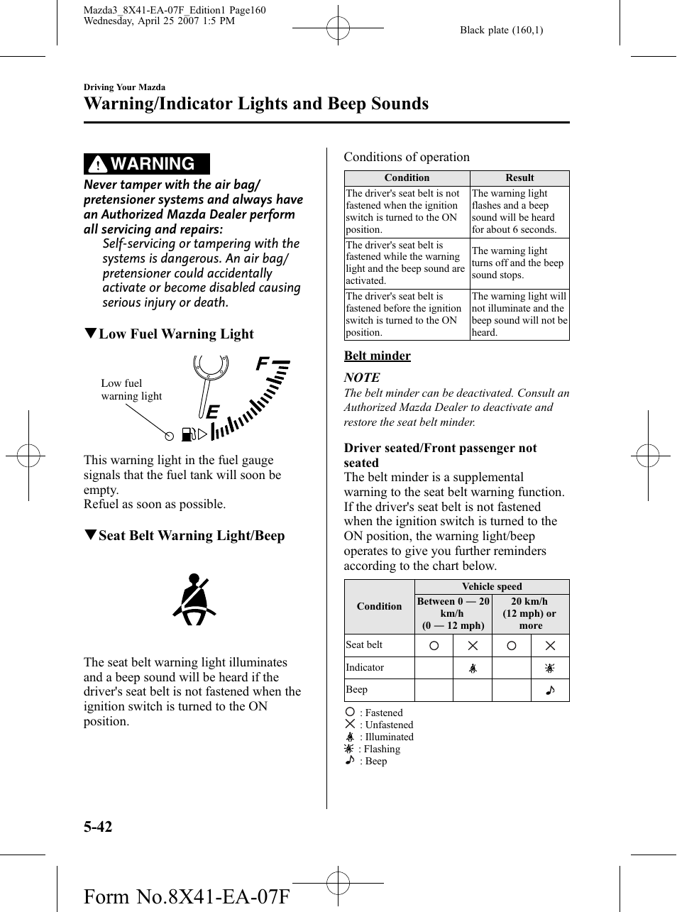 Warning/indicator lights and beep sounds, Warning | Mazda 2008 SPEED3 User Manual | Page 160 / 394