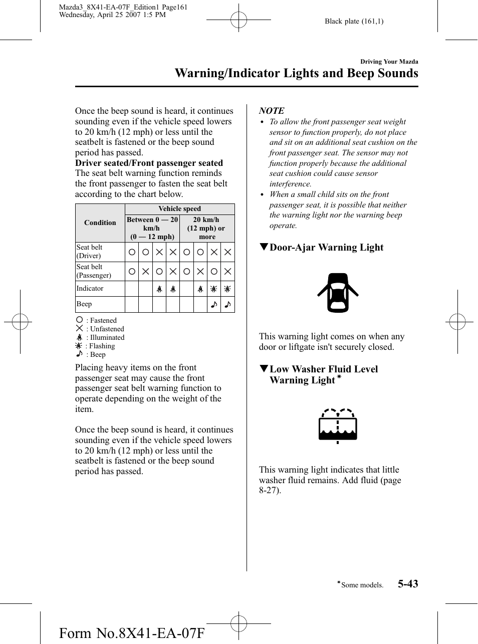 Warning/indicator lights and beep sounds, Qdoor-ajar warning light, Qlow washer fluid level warning light | Mazda 2008 SPEED3 User Manual | Page 161 / 394
