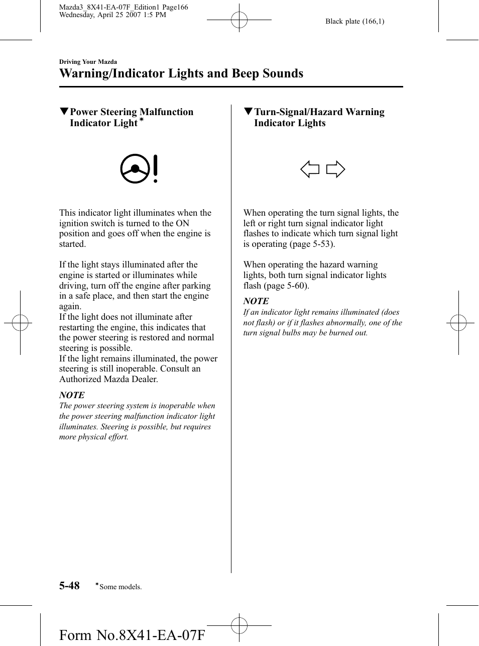 Warning/indicator lights and beep sounds | Mazda 2008 SPEED3 User Manual | Page 166 / 394