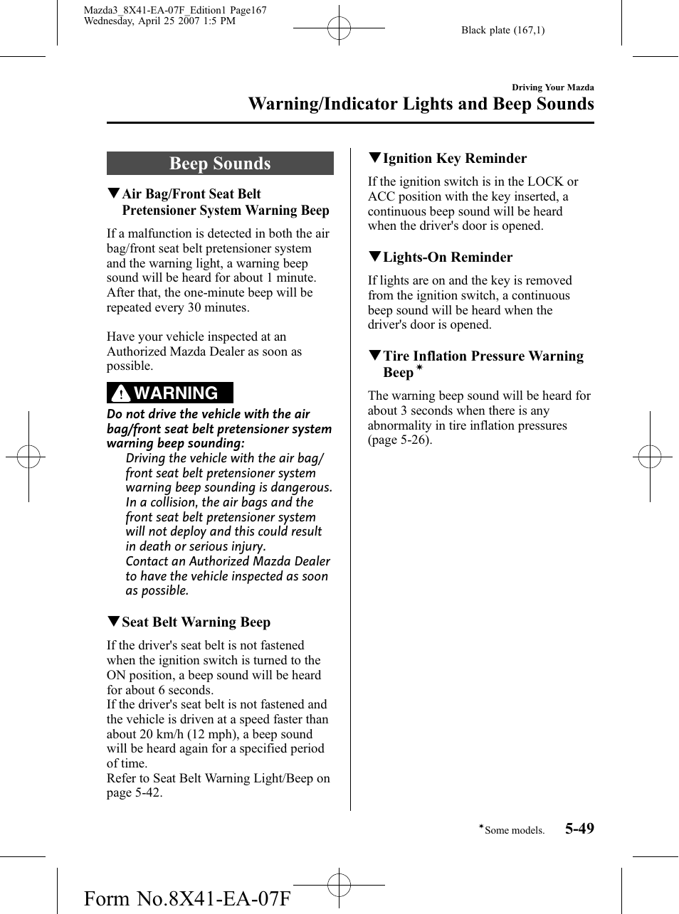 Beep sounds, Beep sounds -49, Warning/indicator lights and beep sounds | Warning | Mazda 2008 SPEED3 User Manual | Page 167 / 394