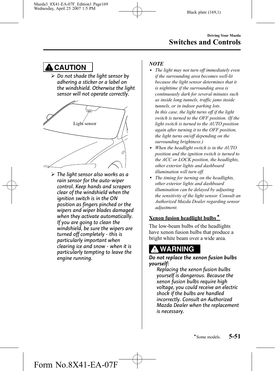 Switches and controls, Caution, Warning | Mazda 2008 SPEED3 User Manual | Page 169 / 394