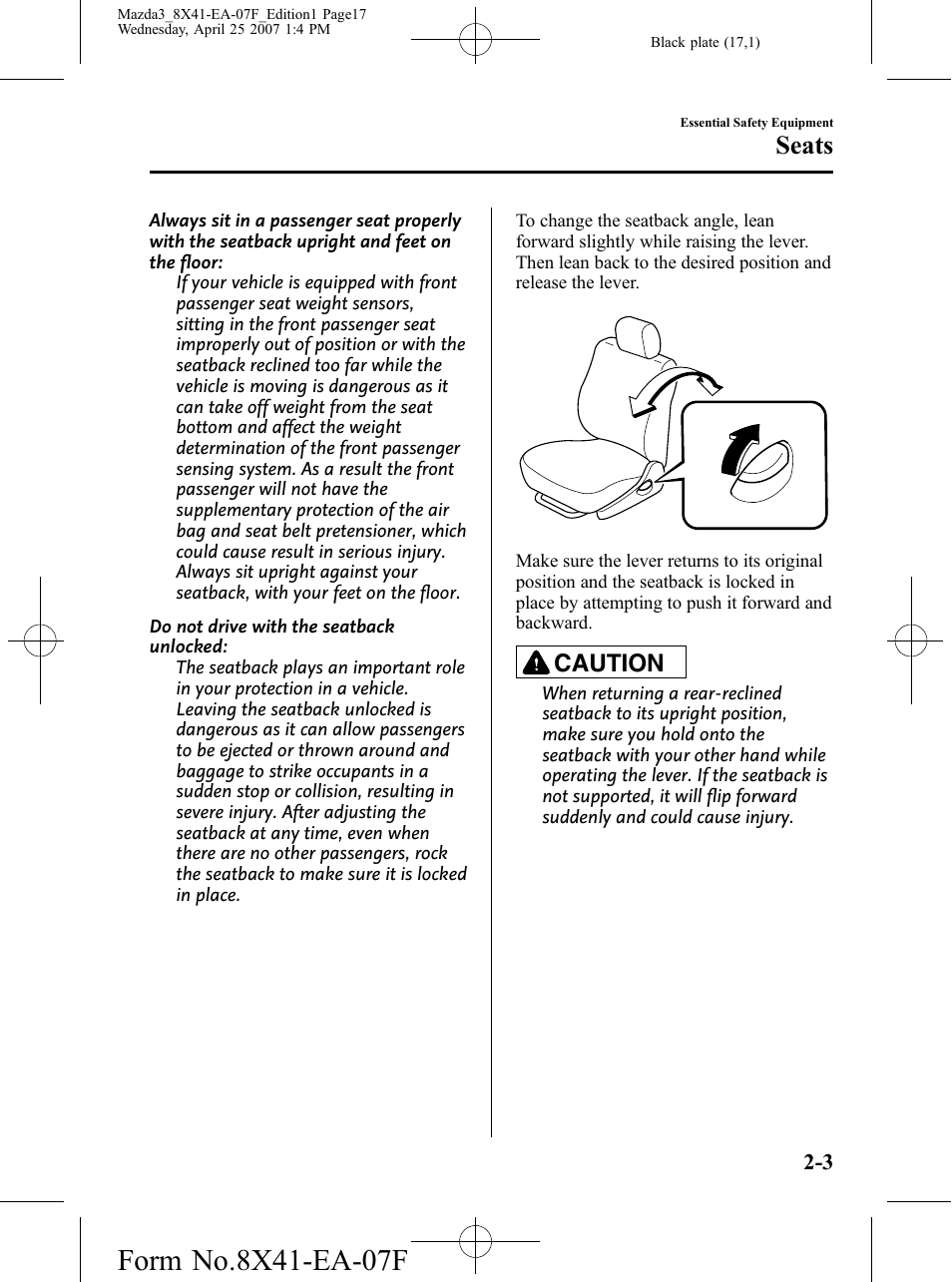 Seats, Caution | Mazda 2008 SPEED3 User Manual | Page 17 / 394