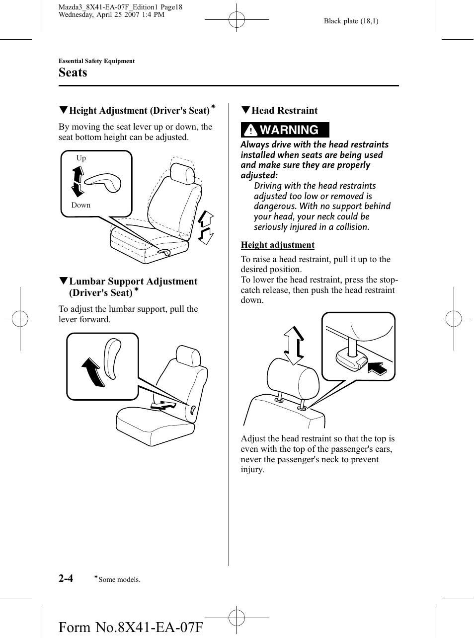 Seats, Warning | Mazda 2008 SPEED3 User Manual | Page 18 / 394