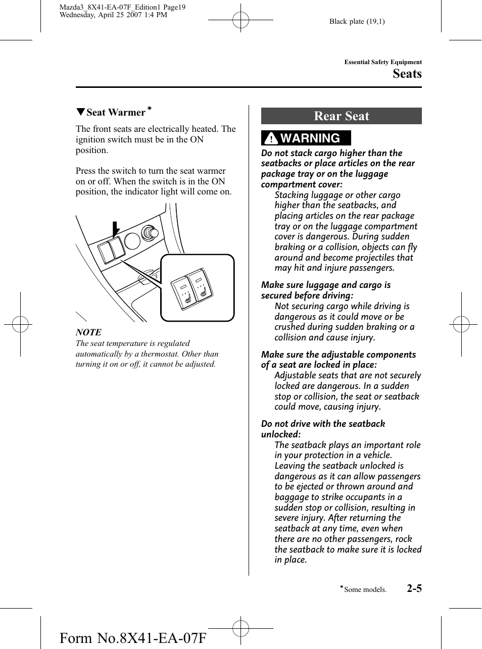 Rear seat, Rear seat -5, Seats | Warning | Mazda 2008 SPEED3 User Manual | Page 19 / 394