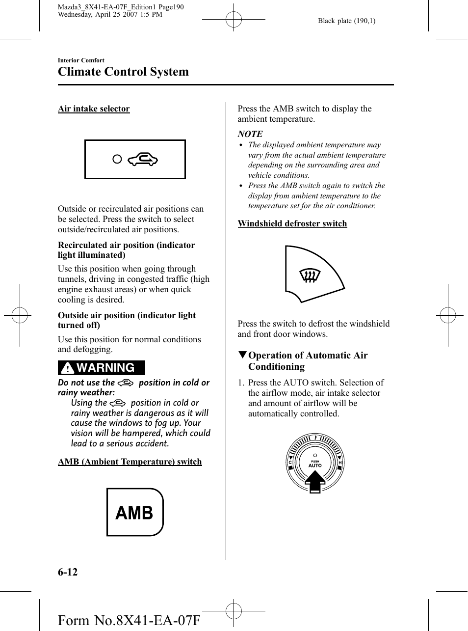 Climate control system, Warning | Mazda 2008 SPEED3 User Manual | Page 190 / 394