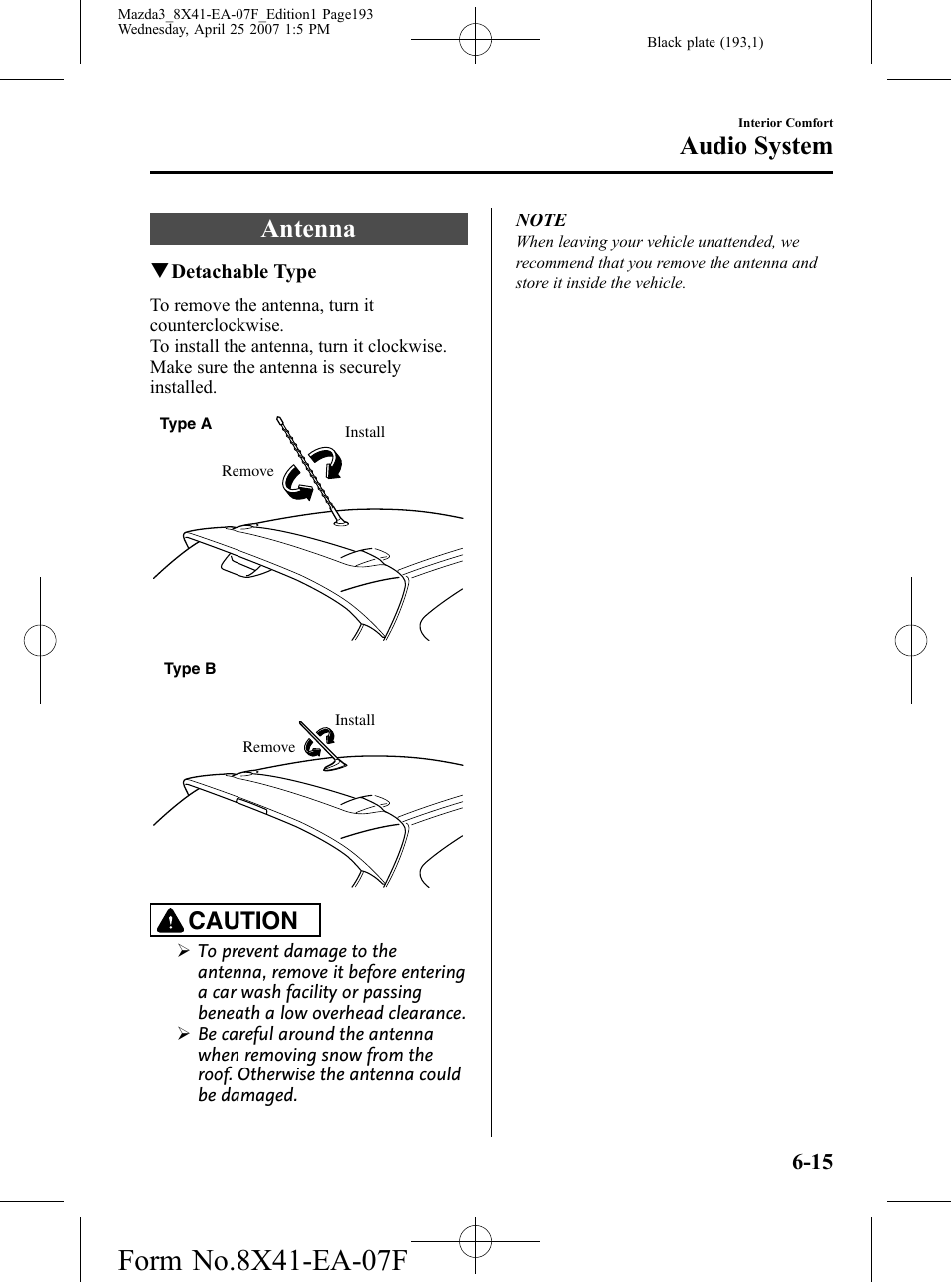 Audio system, Antenna, Audio system -15 | Antenna -15, Caution | Mazda 2008 SPEED3 User Manual | Page 193 / 394