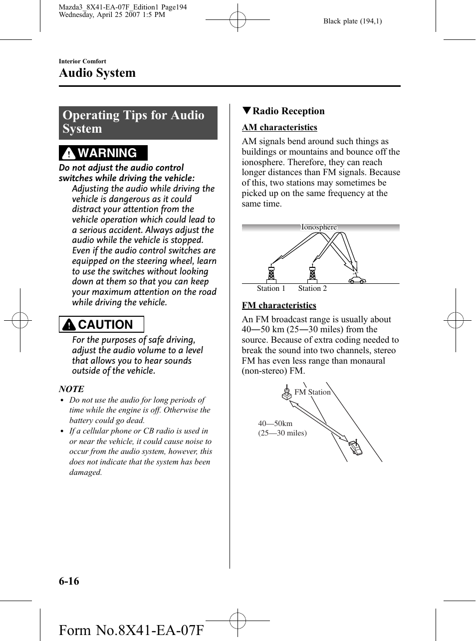 Operating tips for audio system, Operating tips for audio system -16, Audio system | Warning, Caution | Mazda 2008 SPEED3 User Manual | Page 194 / 394